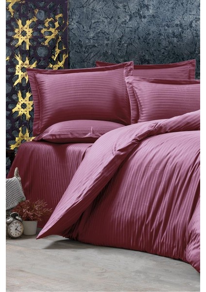 Stripe Çift Kişilik Pollysaten Nevresim Takımı Mürdüm