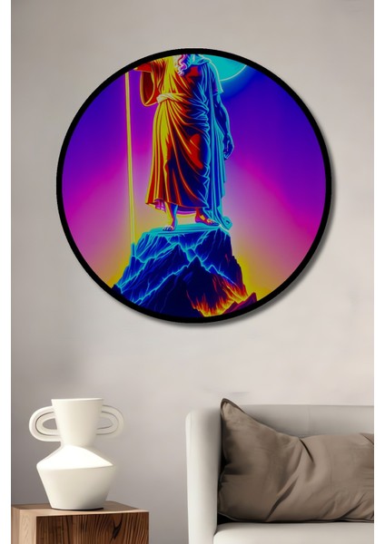 Çerçeve Görünümlü Neon Zeus Dağ Zirvesi Yağlı Boya Görünümlü Dekoratif Ahşap Ofis Yuvarlak Tablo