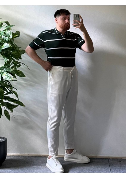 Erkek Oversize Yeşil Çizgili Yazlık Triko Polo Yaka, Triko Kumaş, Geniş Kalıp Kısa Kollu Model