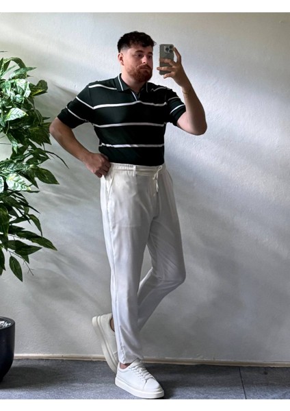 Erkek Oversize Yeşil Çizgili Yazlık Triko Polo Yaka, Triko Kumaş, Geniş Kalıp Kısa Kollu Model fiyatları