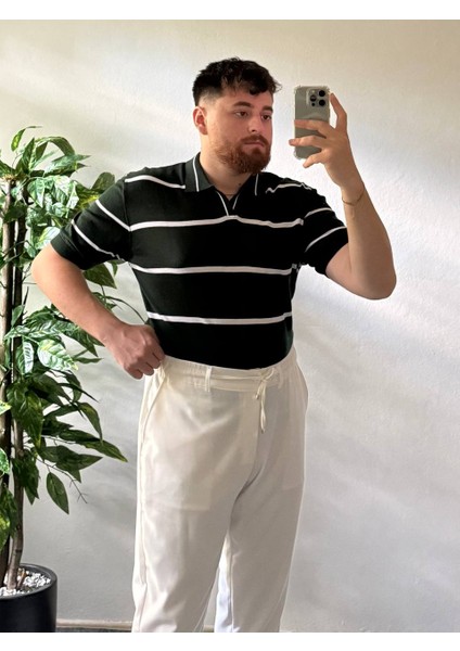 Erkek Oversize Yeşil Çizgili Yazlık Triko Polo Yaka, Triko Kumaş, Geniş Kalıp Kısa Kollu Model fırsatları