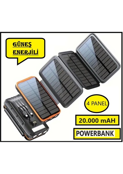 Güneş Enerjili 20000 Mah Powerbank Solar 4 Panel Su Geçirmez Hızlı Pd 20W Hızlı Şarj