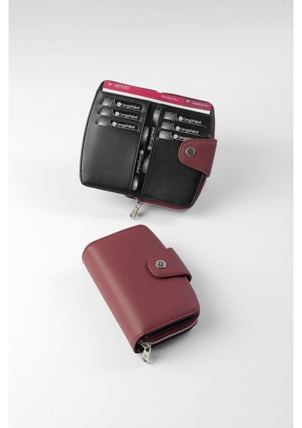 Orta Boy Çıt Çıt Detaylı Kadın Cüzdan - 65300 - Bordo/siyah