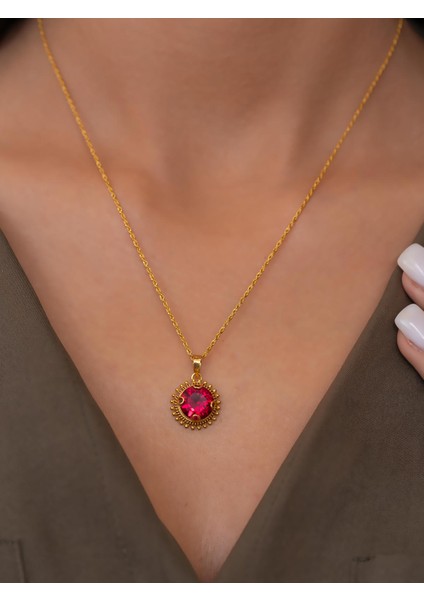 14 Ayar Altın Kırmızı Güneş Taşlı Kolye