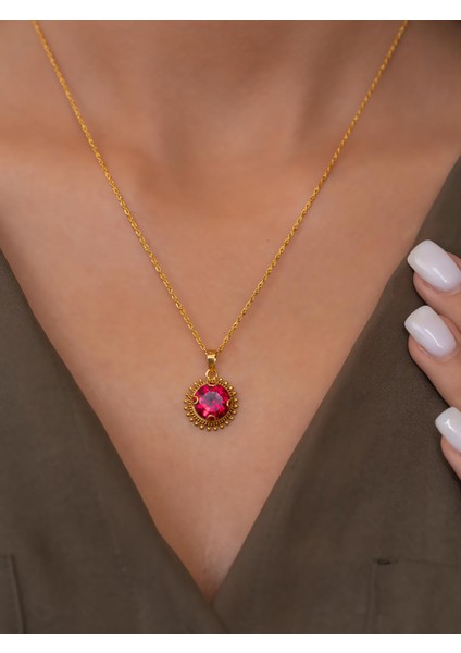 14 Ayar Altın Kırmızı Güneş Taşlı Kolye fiyatları