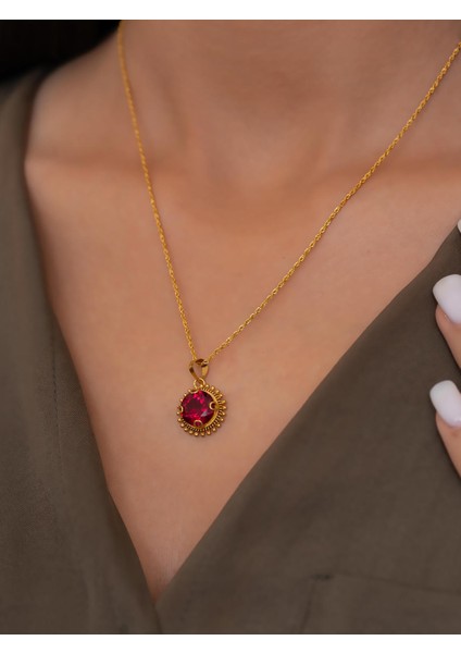 14 Ayar Altın Kırmızı Güneş Taşlı Kolye modelleri