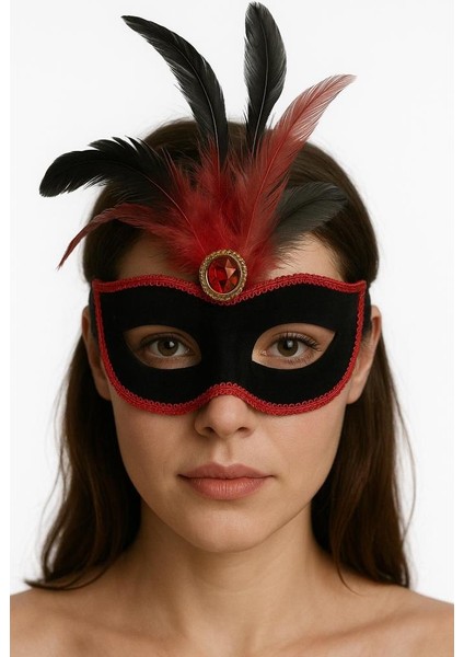 Nessiworld kırmızı Dantelli Siyah Kırmızı Tüylü Siyah Süet Kaplama Parti Maskesi 17X25 cm fiyatları