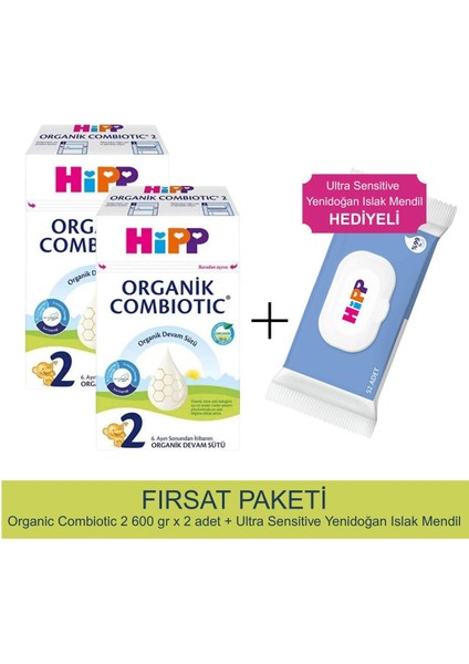 2 No Combiotic Devam Sütü 600 gr x 2 Adet + Ultra Sensitive Yenidoğan Islak Mendil Hediyeli