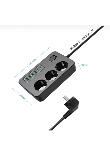 Akım Korumalı 3’lü Priz – 2x Usb-C + 4x Usb-A Hızlı Şarj | 2m Kablo | Çocuk Korumalı Çoklu Priz fırsatları