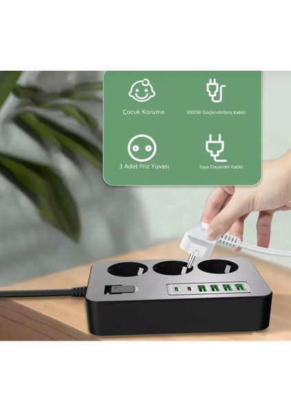 Akım Korumalı 3’lü Priz – 2x Usb-C + 4x Usb-A Hızlı Şarj | 2m Kablo | Çocuk Korumalı Çoklu Priz indirimleri