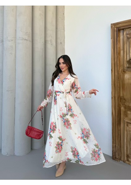 Bahar Desenli Kruvaze Yaka Krem Şifon Elbise