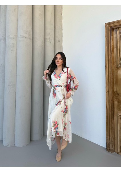 Bahar Desenli Kruvaze Yaka Krem Şifon Elbise fiyatları