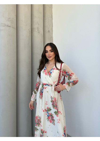 Bahar Desenli Kruvaze Yaka Krem Şifon Elbise fırsatları