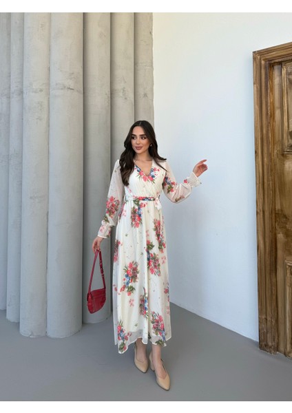 Bahar Desenli Kruvaze Yaka Krem Şifon Elbise indirimleri