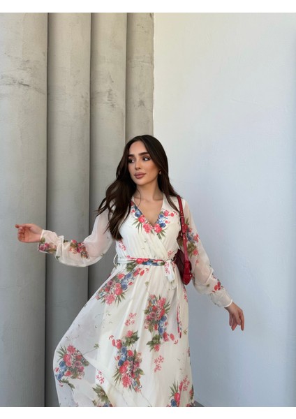 Bahar Desenli Kruvaze Yaka Krem Şifon Elbise