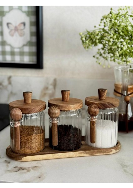 Akasya Kaşıklı Standlı Cam Kavanoz Seti 550 ml