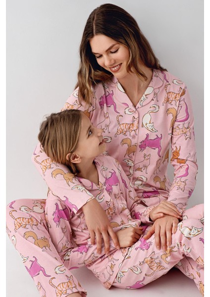 Anne Kız Gömlek Pijama Kombini, Kedili Pijama, Anne ve Çocuk Pijamalar Ayrı Ayrı Fiyatlandırılır