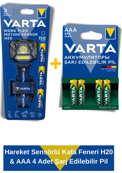 Work Flex Hareket Sensörlü Kafa Feneri H20 & Şarj Edilebilir Ince Kalem Pil 4 Adet