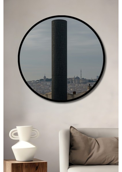 Çerçeve Görünümlü Istanbul Silüeti Minimalist Kule Yağlı Boya Görünümlü Ahşap Ofis Yuvarlak Tablo