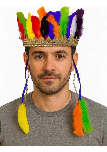 Nessiworld Rengarenk Tüylerle Işlenmiş Lastikli Kızılderili Başlığı