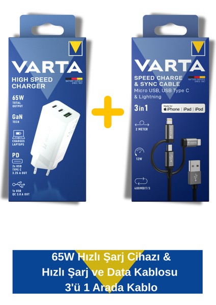 65W Hızlı Şarj Cihazı Adaptör & Hızlı Şarj ve Data Kablosu 3'ü 1 Arada USB A–light/micro/type C