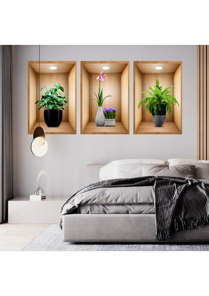 Nessiworld 3D Çiçek Vazo Duvar Sticker 3 Lü Set Kahverengi Fon