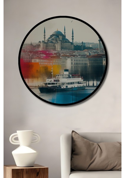 Çerçeve Görünümlü Istanbul Silüeti Sulu Boya Görünümlü Dekoratif Ahşap Işyeri/ofis Yuvarlak Tablo