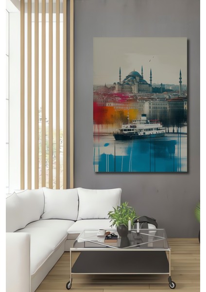 Istanbul Silüeti Sulu Boya Görünümlü Dekoratif Ahşap Ev/işyeri/ofis Kare Tablo