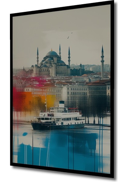 Çerçeve Görünümlü Istanbul Silüeti Sulu Boya Görünümlü Dekoratif Ahşap Ev/işyeri/ofis Kare Tablo fiyatları