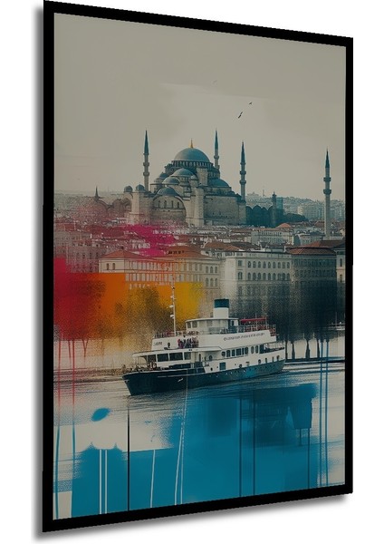Çerçeve Görünümlü Istanbul Silüeti Sulu Boya Görünümlü Dekoratif Ahşap Ev/işyeri/ofis Kare Tablo modelleri