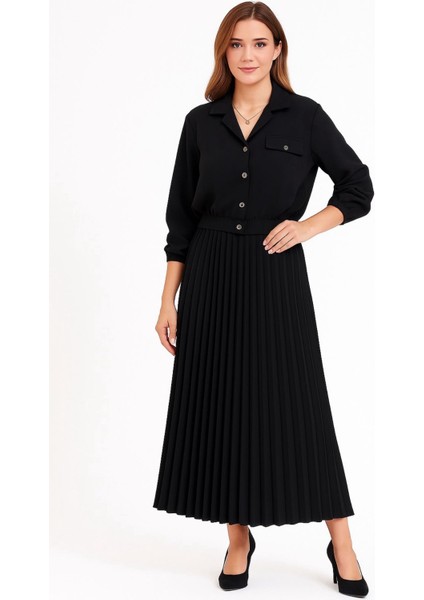 Kadın Siyah Uzun Pileli Etek Takım – Düğmeli Gömlek Üst Detaylı
