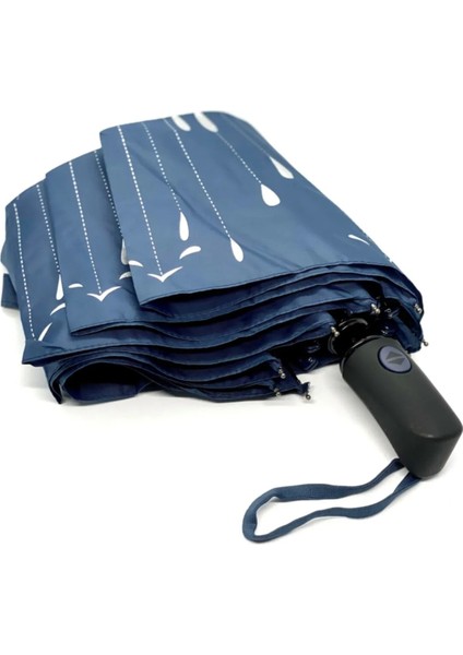 Yağmur Damlası Desenli Tam Otomatik Lux Kadın Şemsiyesi Mavi