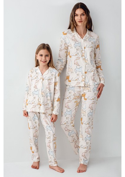 Anne Kız Gömlek Pijama Kombini, Kedili Pijama, Anne ve Çocuk Pijamalar Ayrı Ayrı Fiyatlandırılır
