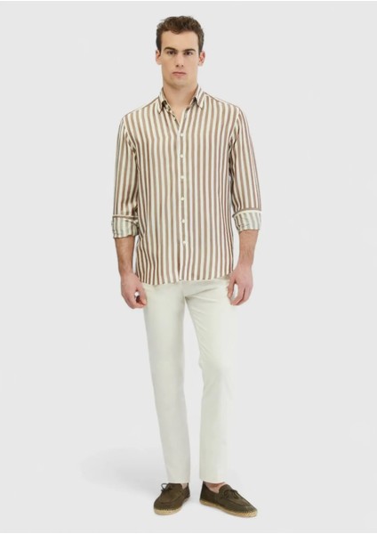 Kahverengi Çizgili Casual Fit Dokuma Casual Gömlek fiyatları