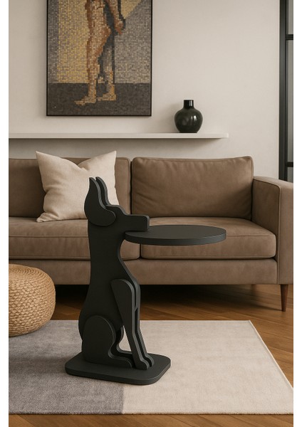 Tepsi Tutan Köpek Tasarımlı Ahşap Desenli Yan Sehpa & Fiskos & Zigon