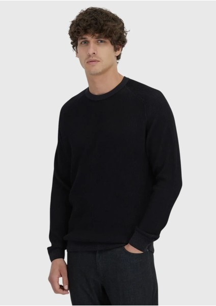 Siyah Bisiklet Yaka Selanik %100 Pamuk Triko Kazak