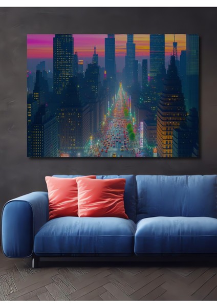Çerçeve Görünümlü Fütüristik Pastel Şehir Manzarası Dekoratif Ahşap Ev/işyeri/ofis Kare Tablo