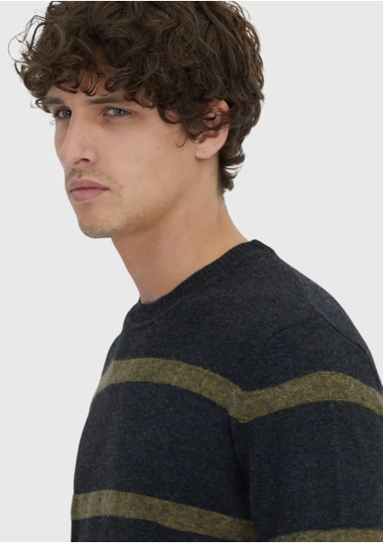 Antrasit Bisiklet Yaka Çizgili Yün Karışımlı Triko Kazak modelleri