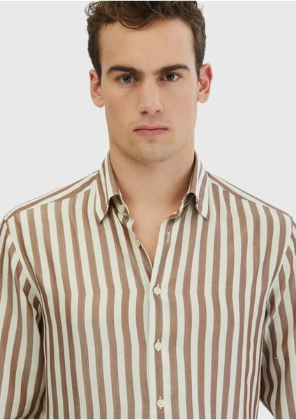 Kahverengi Çizgili Casual Fit Dokuma Casual Gömlek modelleri