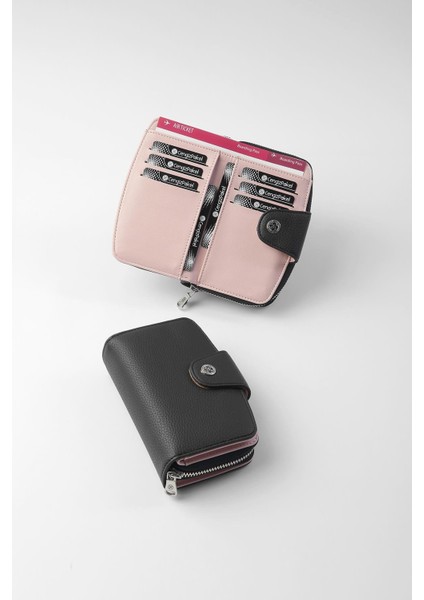 Orta Boy Çıt Çıt Detaylı Kadın Cüzdan/portföy - 65300 - Siyah/pudra