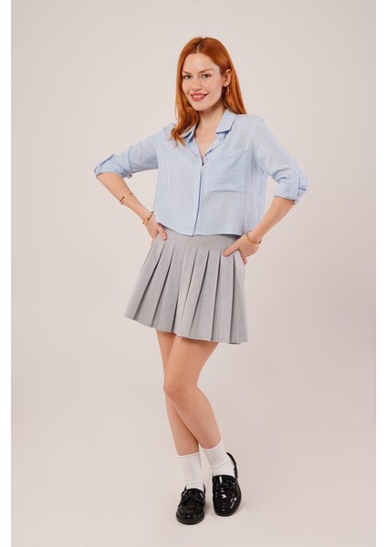 Tek Cep Çizgili Mavi Kısa Gömlek fiyatları