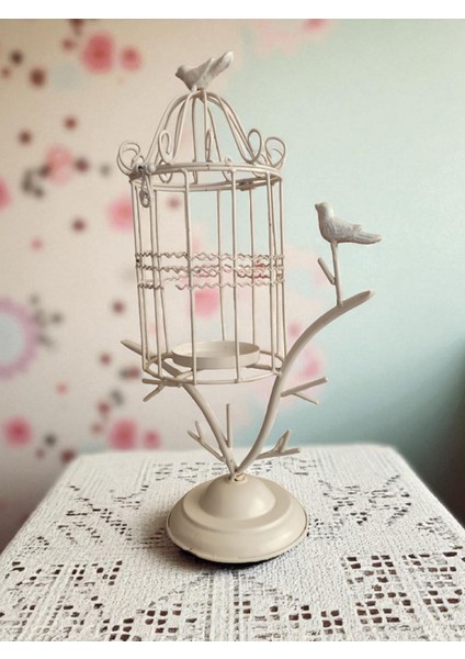Vintage Metal Ferforje Dekoratif Kuşlu Mumluk & 50 cm
