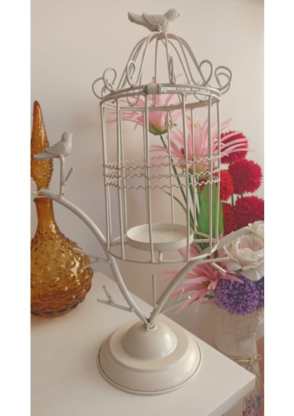 Vintage Metal Ferforje Dekoratif Kuşlu Mumluk & 50 cm
