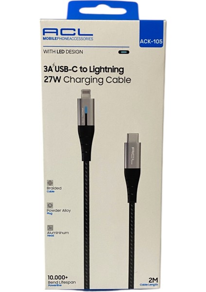 2 Metre Uzun Iphone USB C To Lightning Şarj Kablosu LED Işıklı Hasır Örgülü 27 Watt