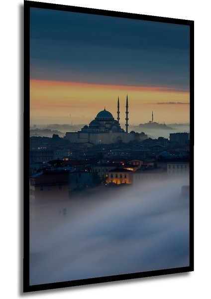 Çerçeve Görünümlü Istanbul Gün Batımı Silüeti Yağlı Boya Görünümlü Dekoratif Ahşap Ofis Kare Tablo modelleri