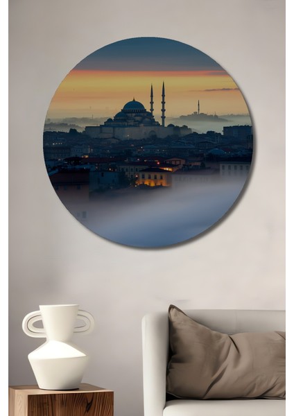 Istanbul Gün Batımı Silüeti Yağlı Boya Görünümlü Dekoratif Ahşap Ev/işyeri/ofis Yuvarlak Tablo