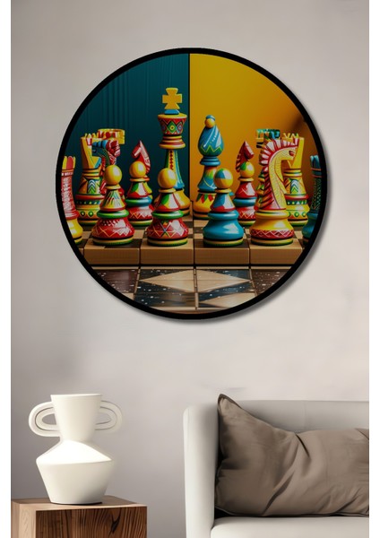 Çerçeve Görünümlü Yağlı Boya Görünümlü Kaplan ve Dalların Dansı Dekoratif Ahşap Ofis Yuvarlak Tablo