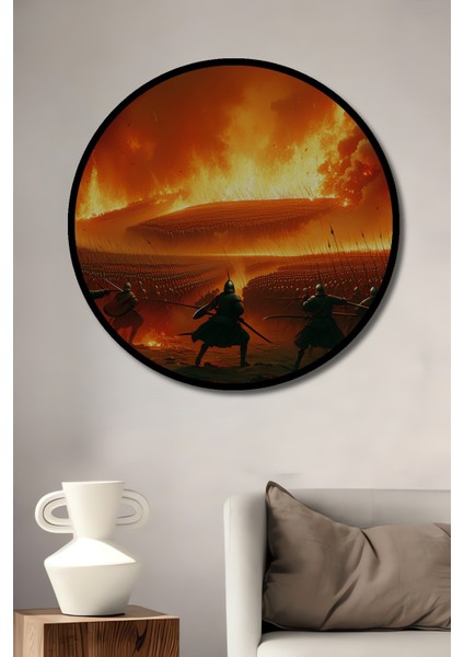 Çerçeve Görünümlü Gün Batımı Empire State Binası Yağlı Boya Görünümlü Ahşap Ofis Yuvarlak Tablo