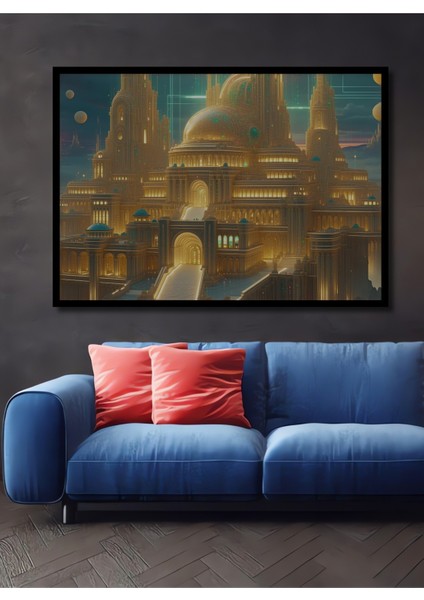 Çerçeve Görünümlü Kırmızı Sütunlar ve Küre Lamba Modern Sanat Dekoratif Ahşap Ofis Kare Tablo