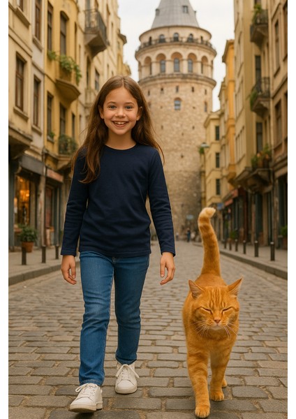 Çocuk Uzun Kollu T-Shirt Kız - Erkek Unisex Lacivert %100 Pamuk